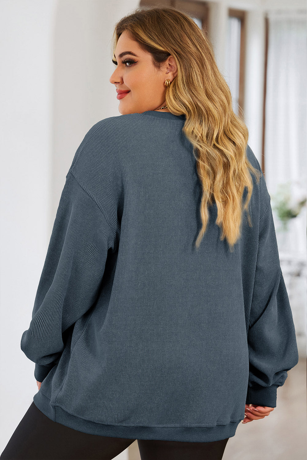 Plus Size Lip Ribbed Round Neck Sweatshirt - UrbanEthereal