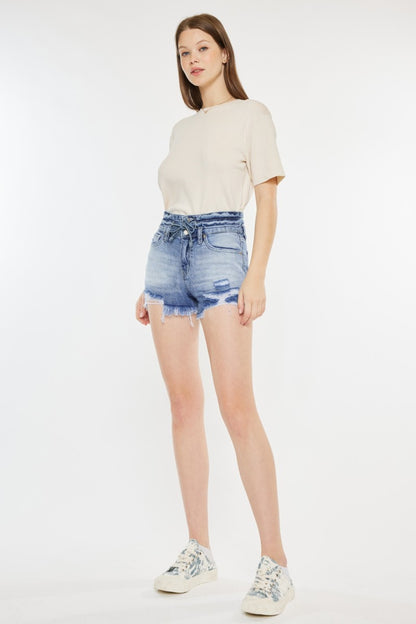 Kancan High Rise Frayed Hem Denim Shorts - UrbanEthereal