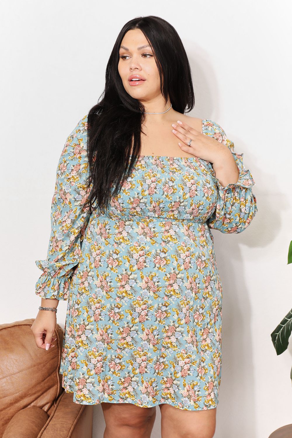 Floral Smocked Flounce Sleeve Square Neck Dress - UrbanEthereal