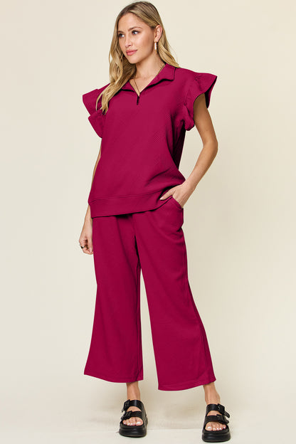 Double Take Texture Ruffle Short Sleeve Top and Drawstring Wide Leg Pants Set - UrbanEthereal