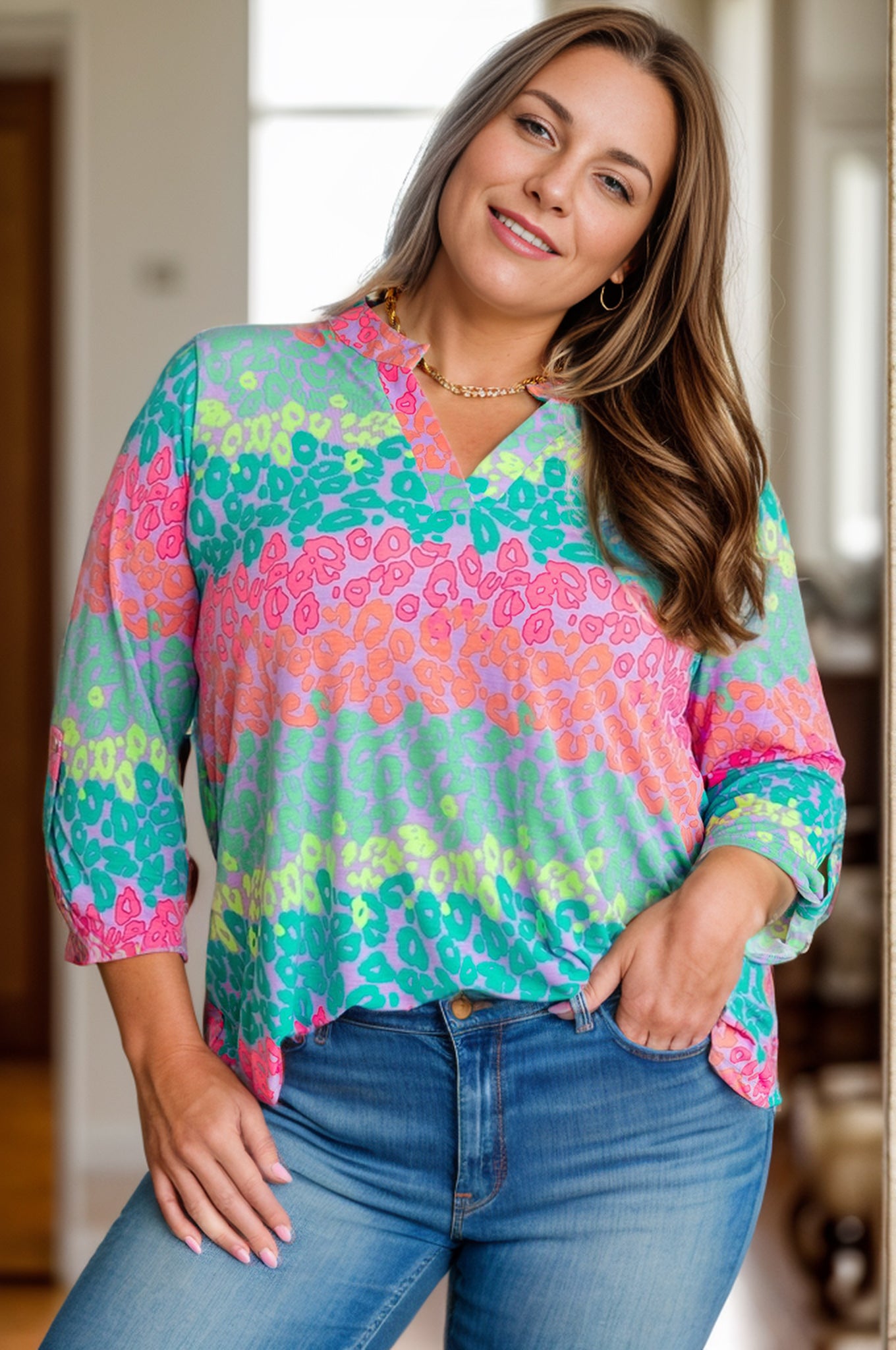 Plus Size Leopard Notched Long Sleeve Blouse - UrbanEthereal