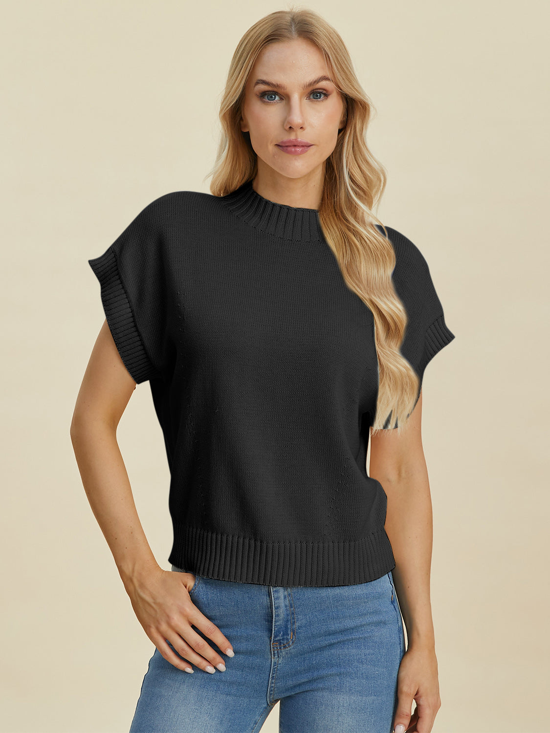 Double Take Full Size Mock Neck Short Sleeve Sweater - UrbanEthereal