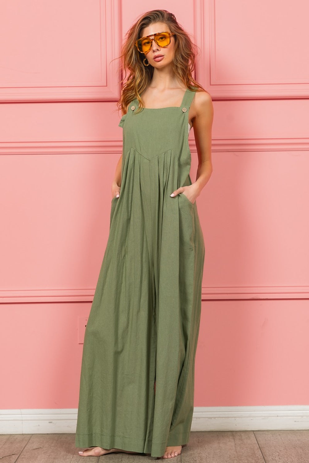 BiBi Ruched Wide Leg Overalls with Pockets - UrbanEthereal