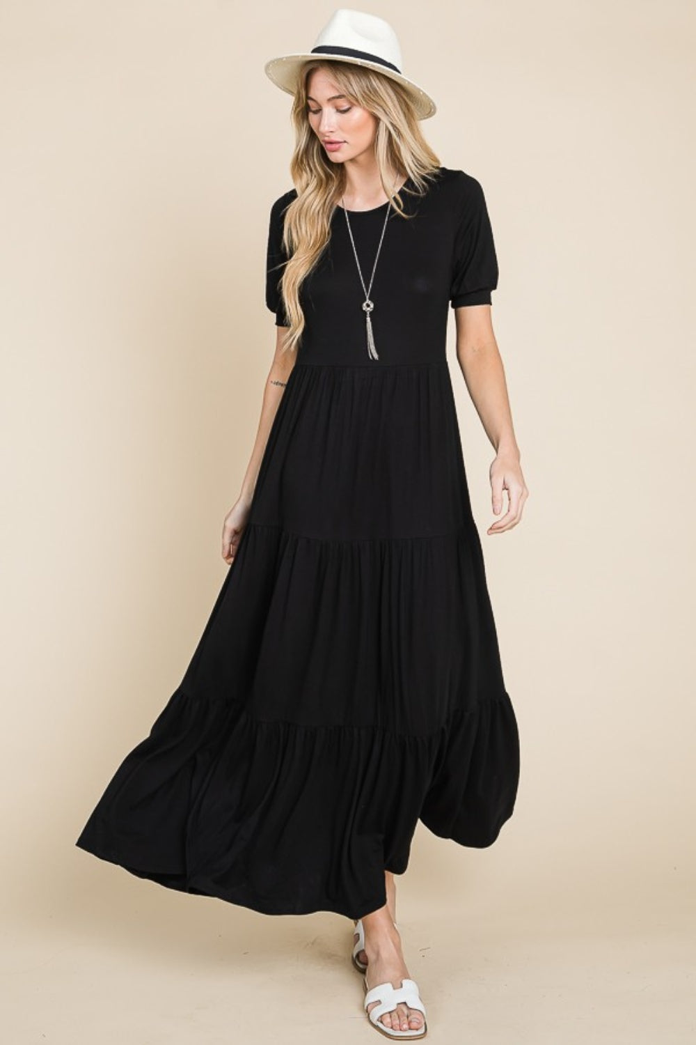 BOMBOM Short Sleeve Tiered Maxi Dress