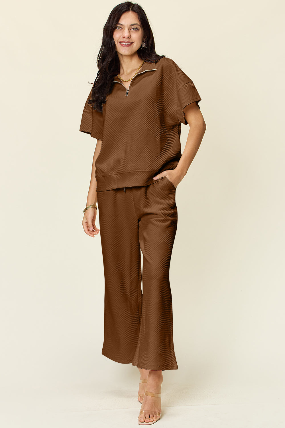 Double Take Full Size Texture Half Zip Short Sleeve Top and Pants Set - UrbanEthereal
