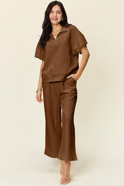 Double Take Full Size Texture Half Zip Short Sleeve Top and Pants Set - UrbanEthereal