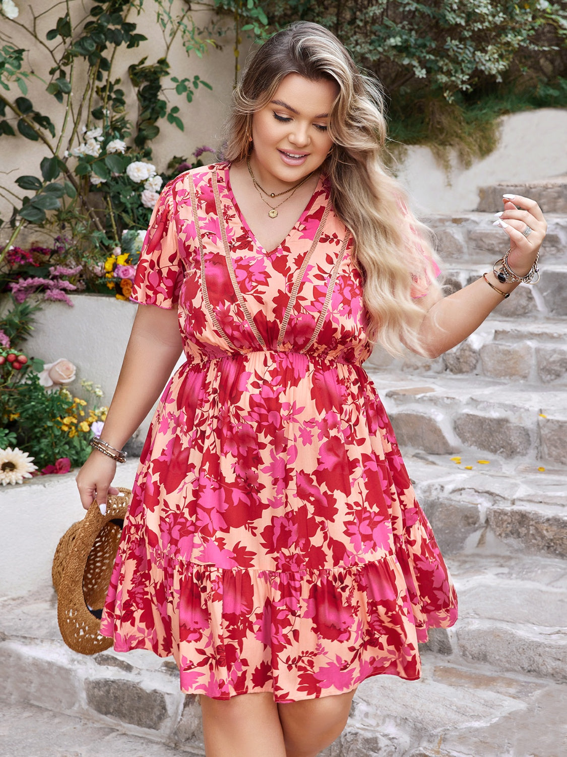 Plus Size Printed V-Neck Flutter Sleeve Dress - UrbanEthereal