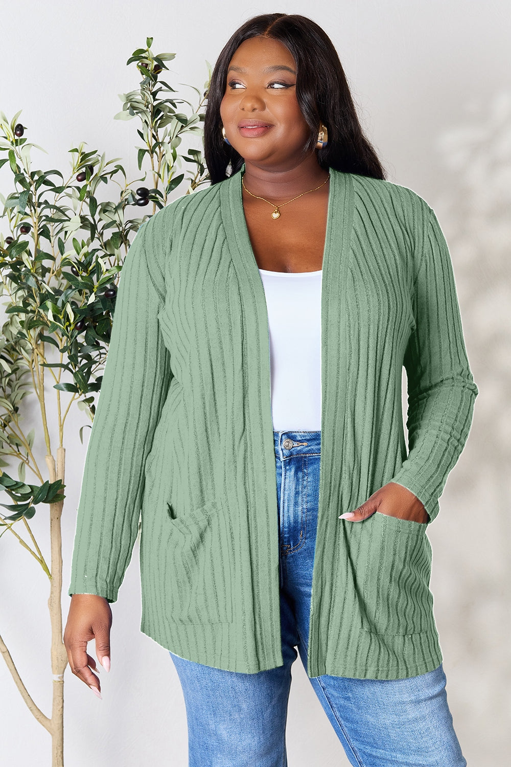 Basic Bae Full Size Ribbed Open Front Cardigan with Pockets - UrbanEthereal