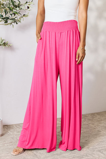 Double Take Full Size Smocked Wide Waistband Wide Leg Pants - UrbanEthereal