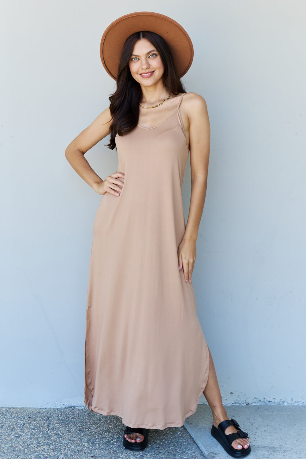 Ninexis Good Energy Full Size Cami Side Slit Maxi Dress in Camel - UrbanEthereal