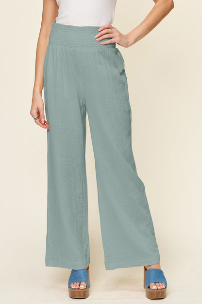 Double Take Full Size Texture Smocked Waist Wide Leg Pants - UrbanEthereal