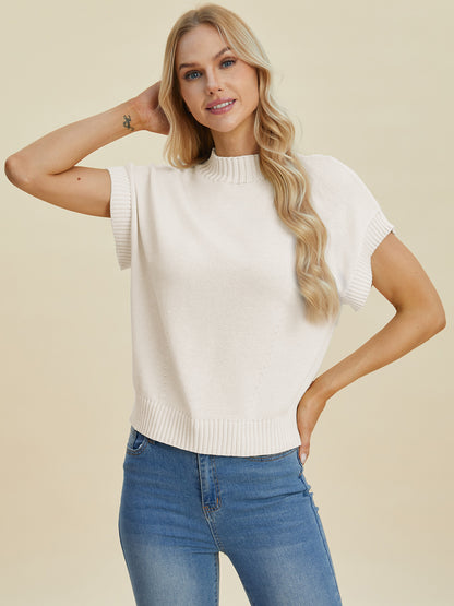 Double Take Full Size Mock Neck Short Sleeve Sweater - UrbanEthereal