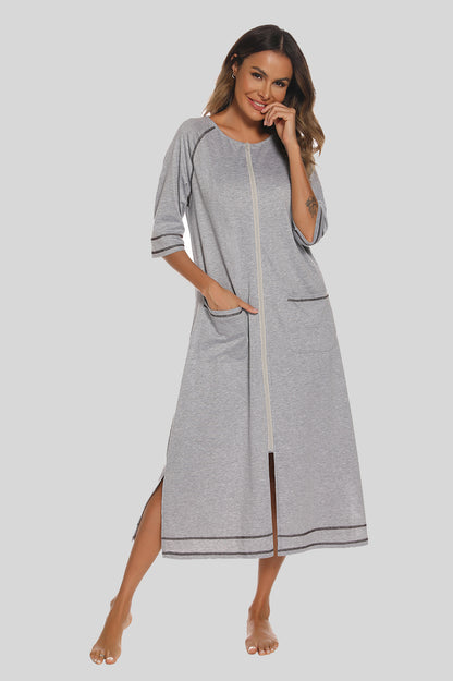 Zip Up Slit Round Neck Night Dress with Pockets