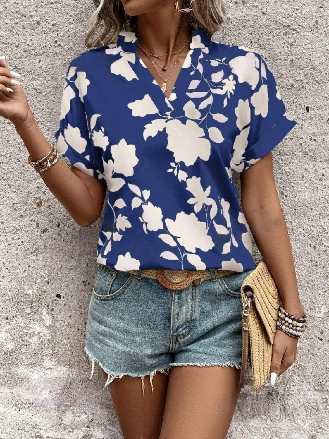 Flower Notched Short Sleeve Blouse - UrbanEthereal