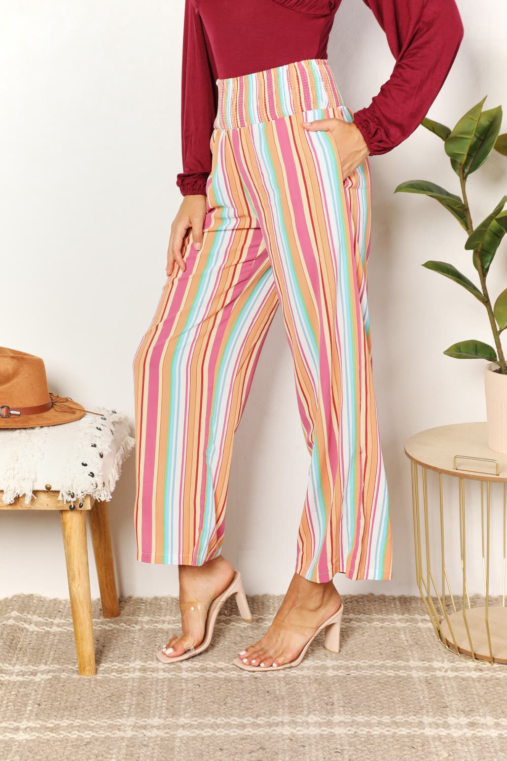 Double Take Striped Smocked Waist Pants with Pockets - UrbanEthereal