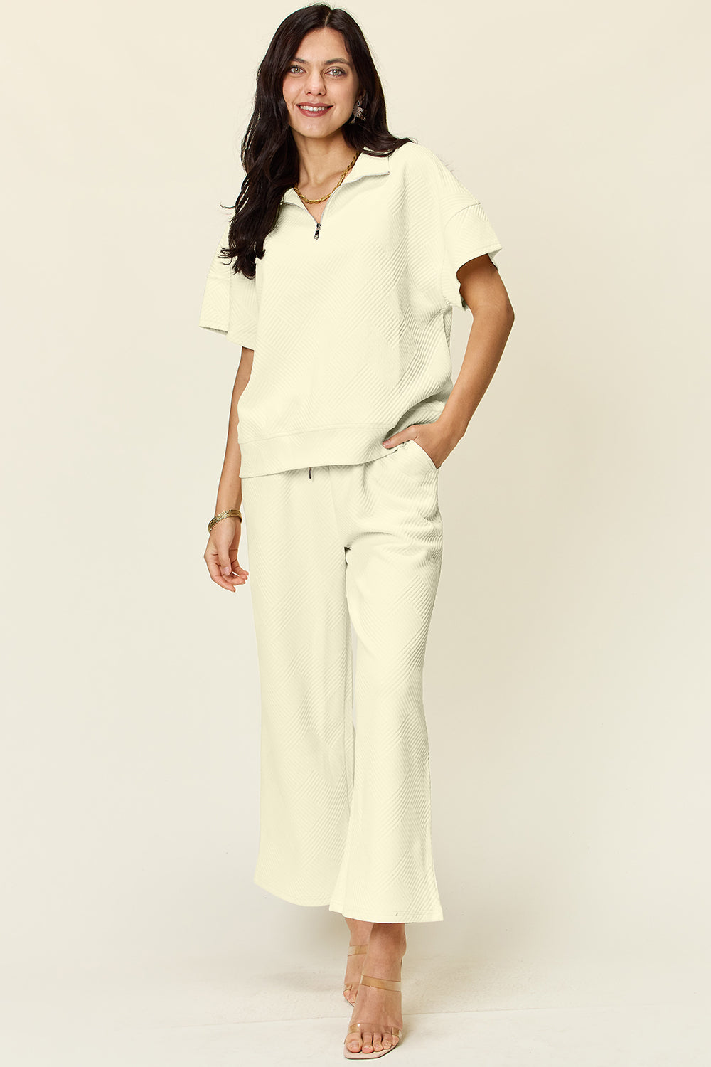 Double Take Full Size Texture Half Zip Short Sleeve Top and Pants Set - UrbanEthereal
