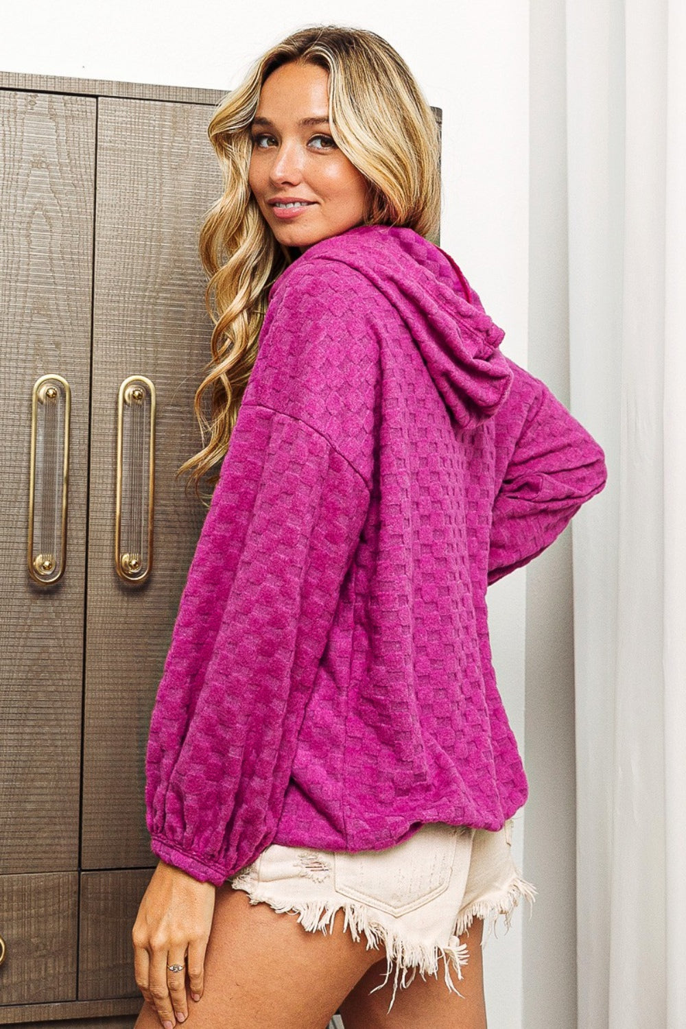 BiBi Brushed Checker Drawstring Long Sleeve Hoodie - UrbanEthereal