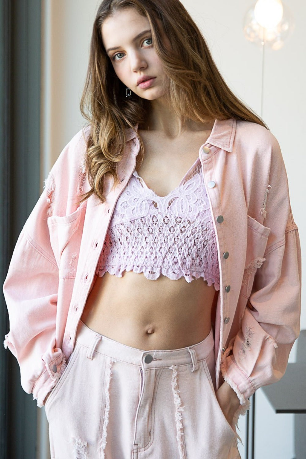 POL Button Down Raw Hem Distressed Shacket - UrbanEthereal