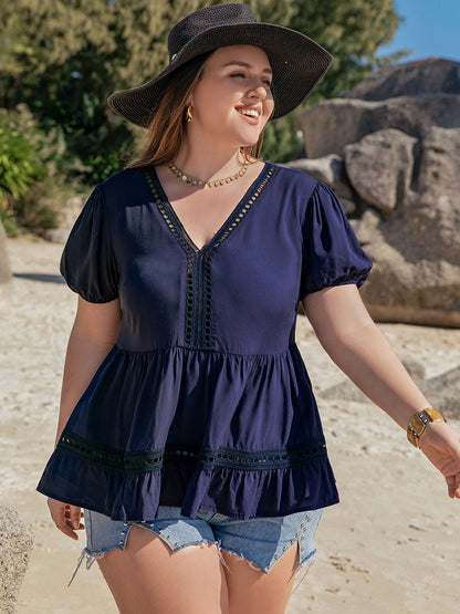 Plus Size Peplum V-Neck Short Sleeve Blouse - UrbanEthereal
