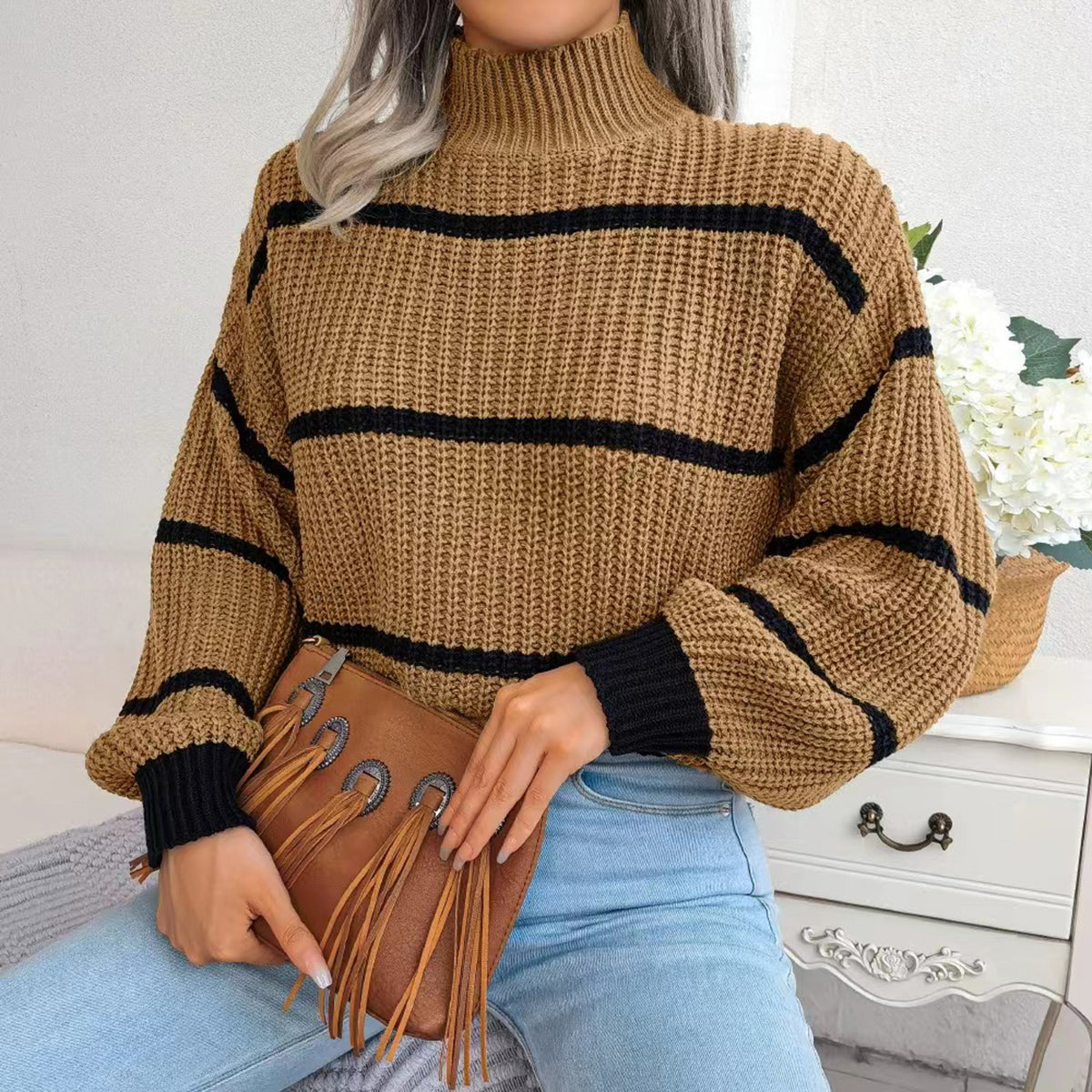 Striped Mock Neck Dropped Shoulder Sweater