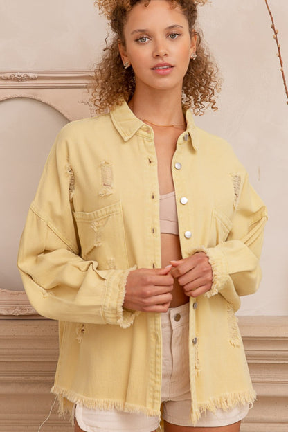 POL Button Down Raw Hem Distressed Shacket - UrbanEthereal