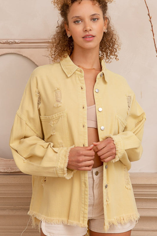 POL Button Down Raw Hem Distressed Shacket - UrbanEthereal