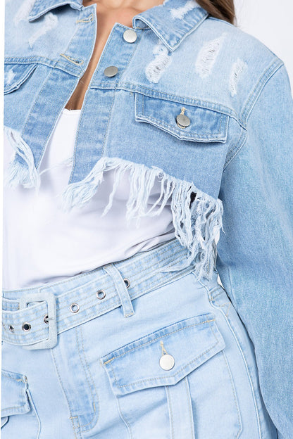 American Bazi Distressed Denim Jacket with Frayed Hem - UrbanEthereal