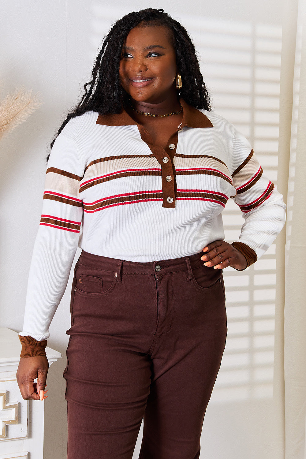 Basic Bae Striped Collared Neck Rib-Knit Top - UrbanEthereal
