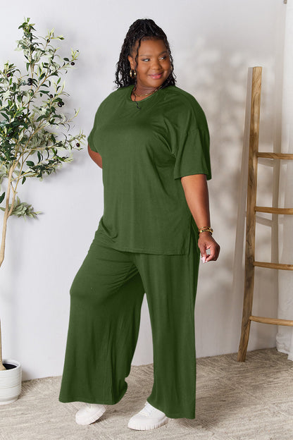Double Take Full Size Round Neck Slit Top and Pants Set - UrbanEthereal
