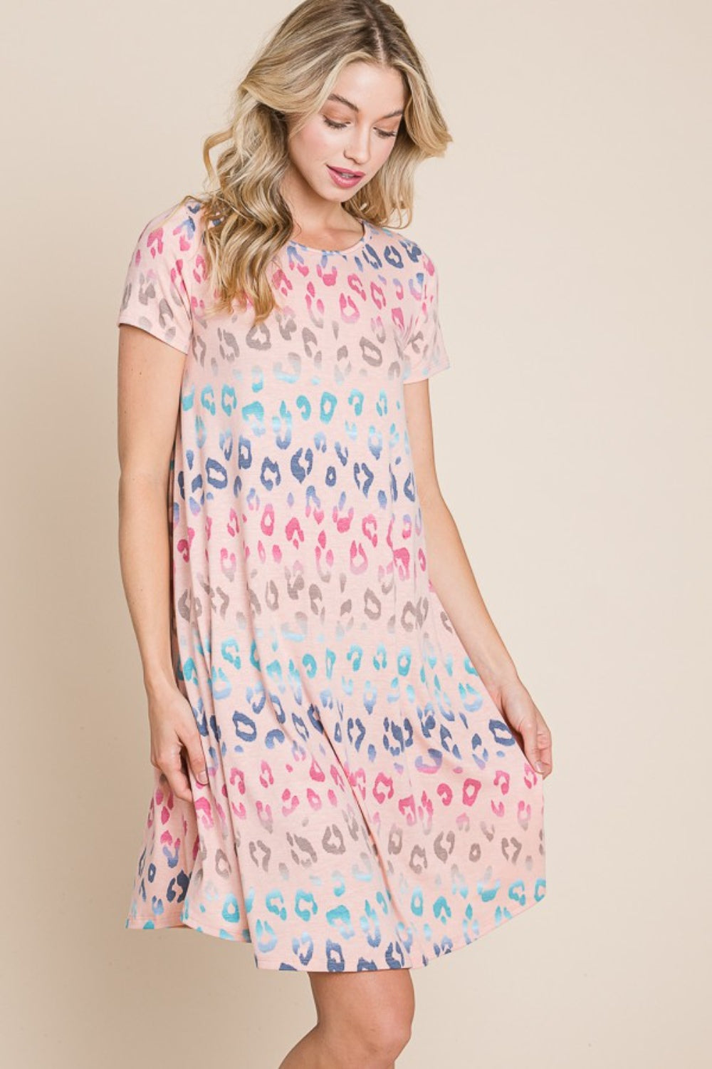 BOMBOM Leopard Round Neck Short Sleeve Dress - UrbanEthereal