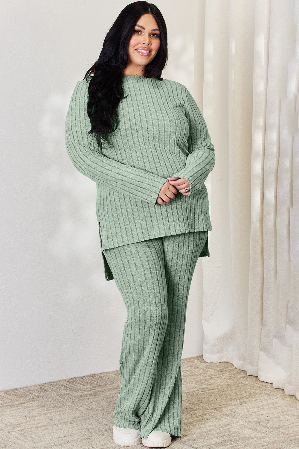 Basic Bae Full Size Ribbed High-Low Top and Wide Leg Pants Set - UrbanEthereal