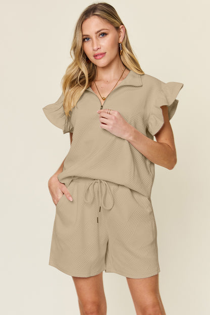 Double Take Full Size Texture Flounce Sleeve Top and Drawstring Shorts Set - UrbanEthereal