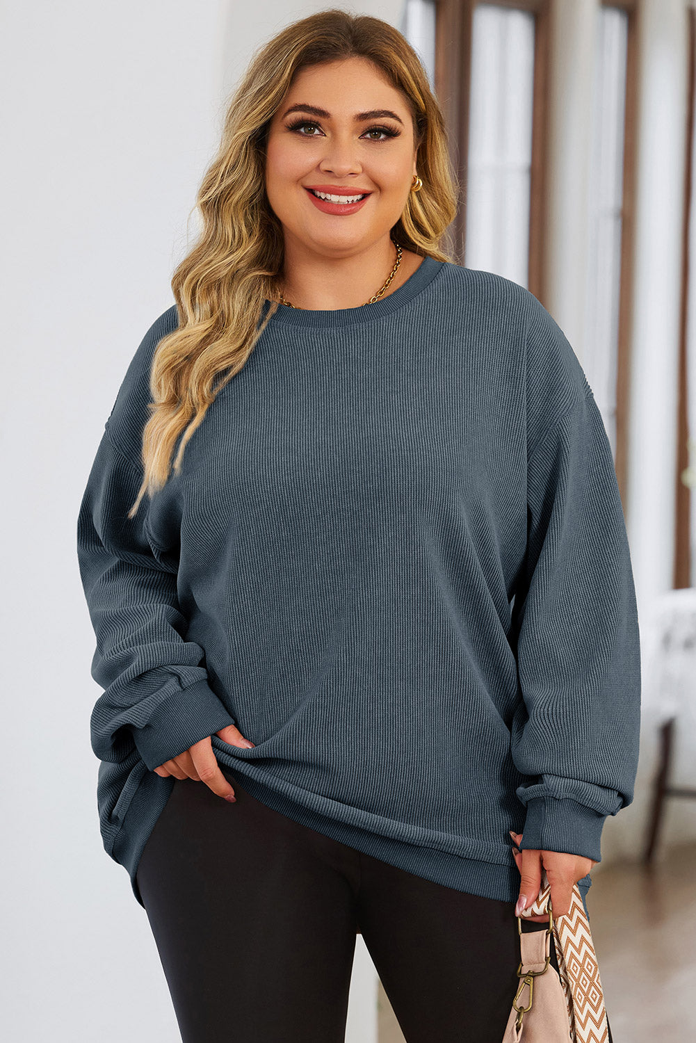 Plus Size Round Neck Dropped Shoulder Sweatshirt - UrbanEthereal