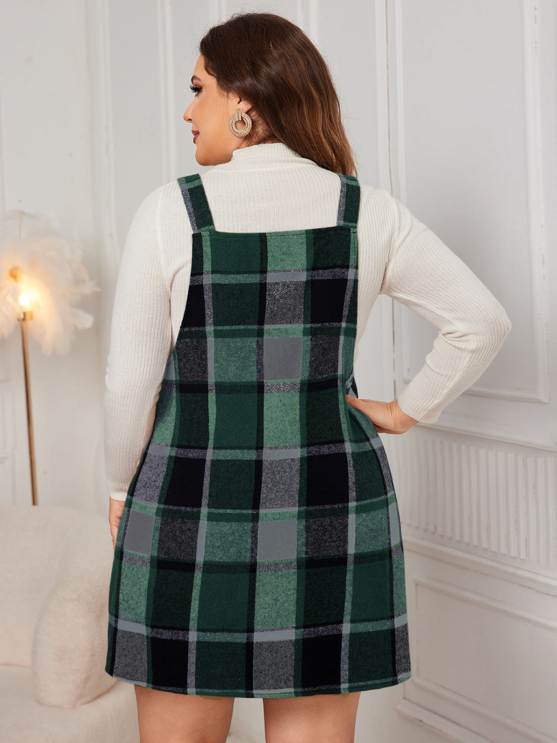 Plus Size Plaid Wide Strap Overall Dress - UrbanEthereal