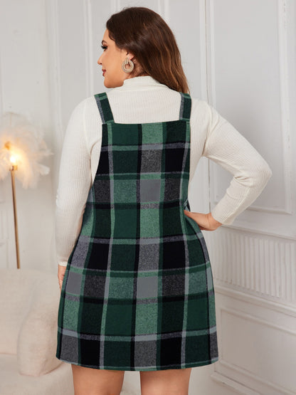 Plus Size Plaid Wide Strap Overall Dress - UrbanEthereal