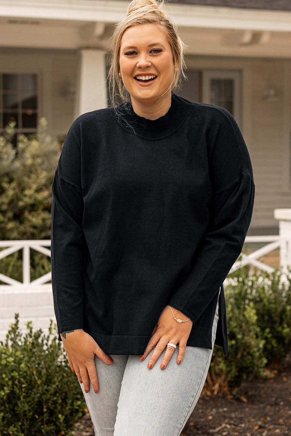 Plus Size Mock Neck Dropped Shoulder Sweater - UrbanEthereal