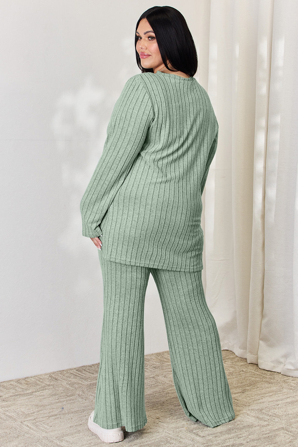 Basic Bae Full Size Ribbed High-Low Top and Wide Leg Pants Set - UrbanEthereal