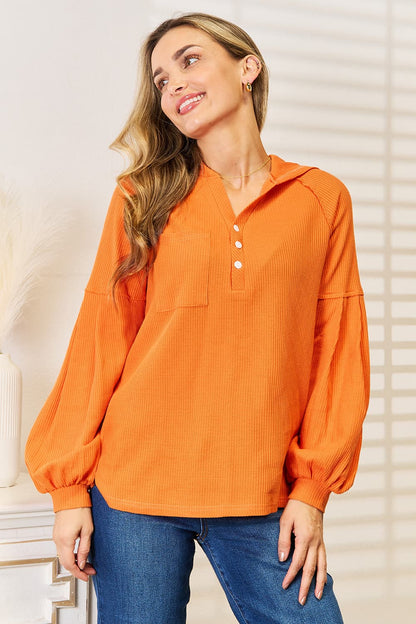 Basic Bae Side Slit Buttoned Waffle Knit Hoodie - UrbanEthereal