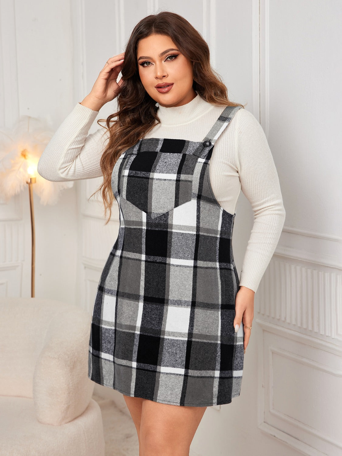 Plus Size Plaid Wide Strap Overall Dress - UrbanEthereal