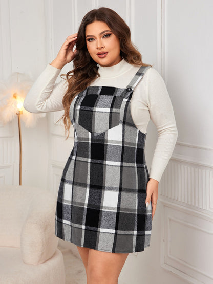 Plus Size Plaid Wide Strap Overall Dress - UrbanEthereal