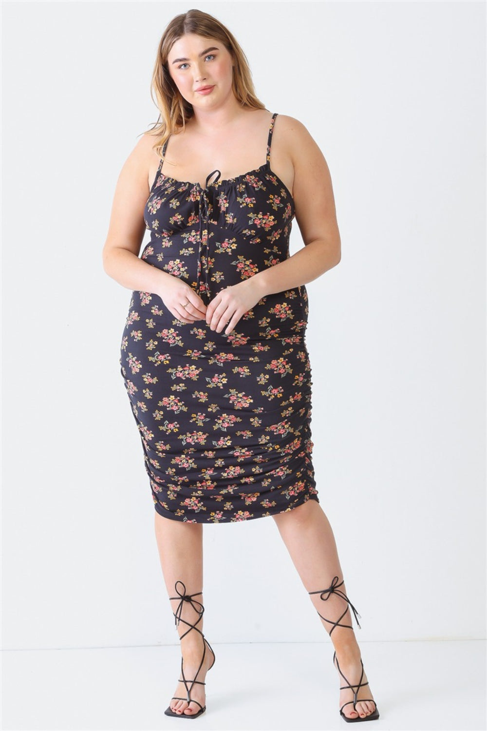 Blue Leopard Plus Size Ruched Floral Square Neck Cami Dress - UrbanEthereal