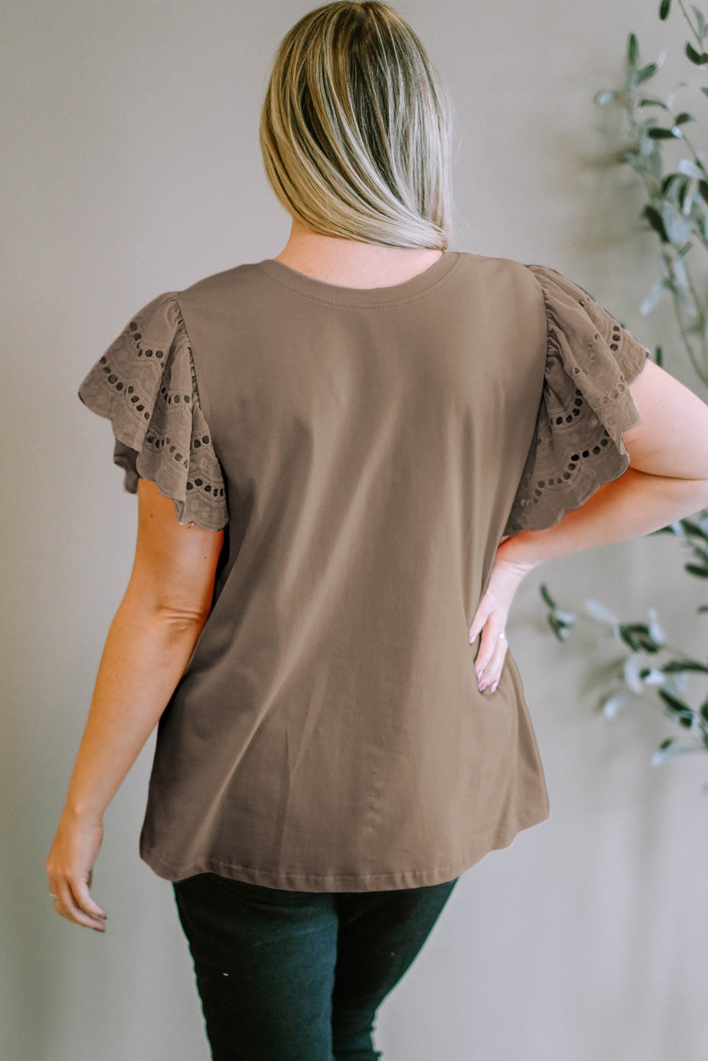 Plus Size Eyelet Round Neck Short Sleeve Blouse - UrbanEthereal