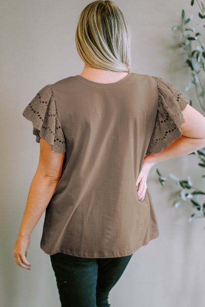 Plus Size Eyelet Round Neck Short Sleeve Blouse - UrbanEthereal