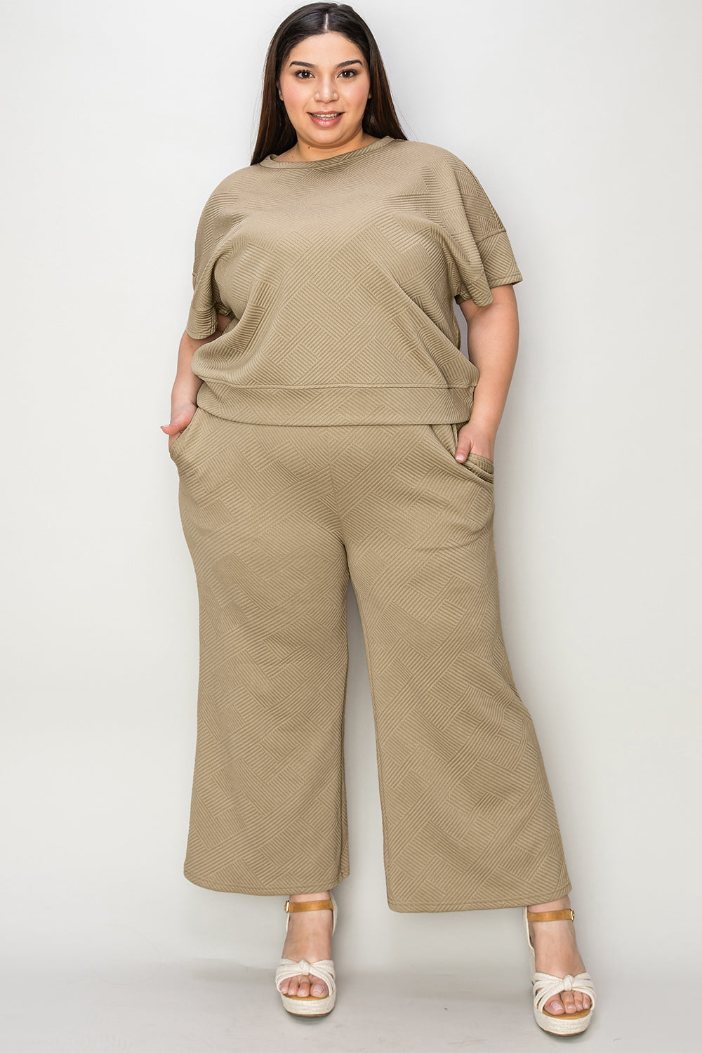 Double Take Full Size Texture Short Sleeve Top and Pants Set - UrbanEthereal