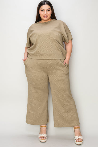 Double Take Full Size Texture Short Sleeve Top and Pants Set - UrbanEthereal
