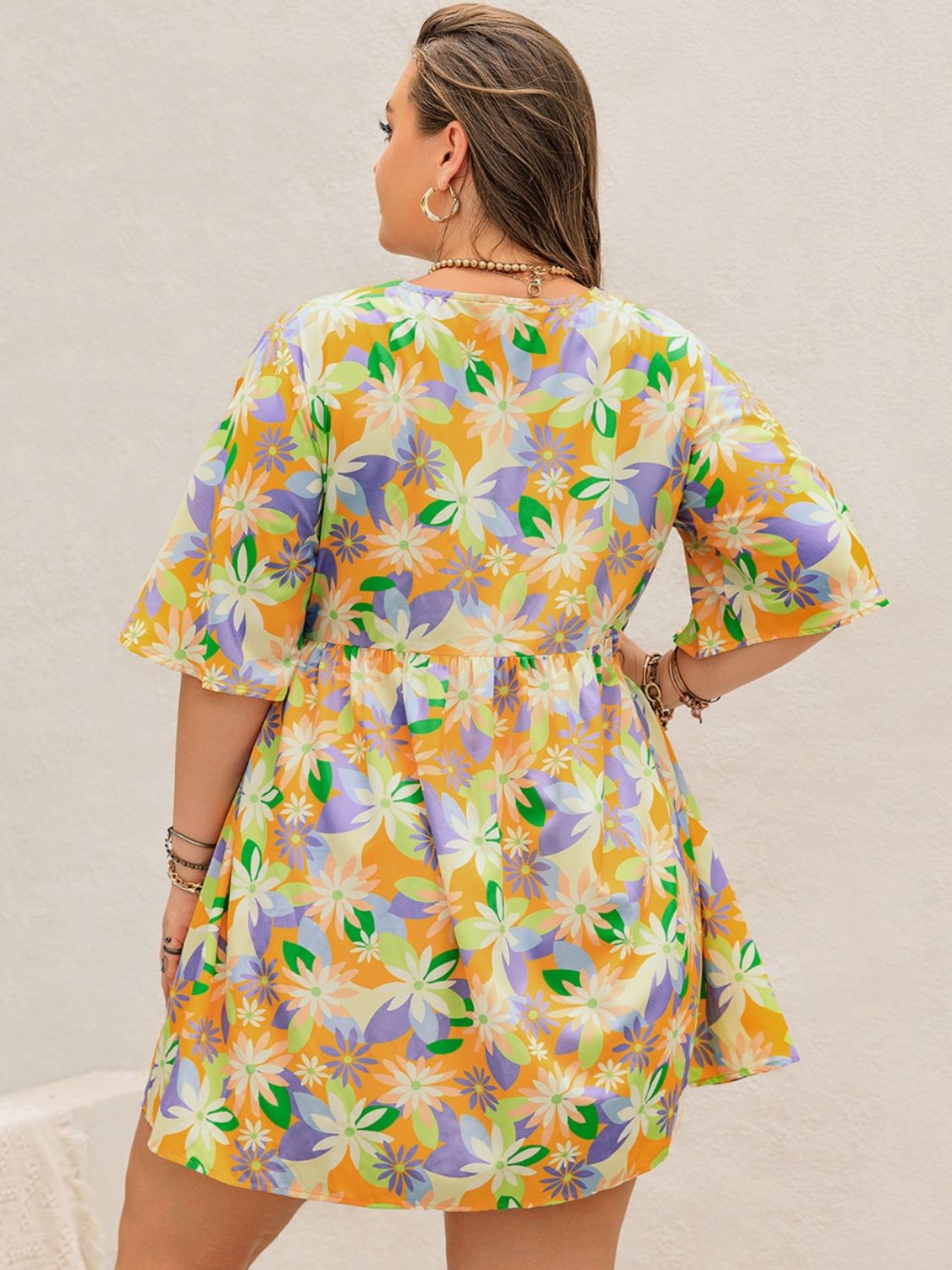 Plus Size Printed V-Neck Half Sleeve Mini Dress - UrbanEthereal