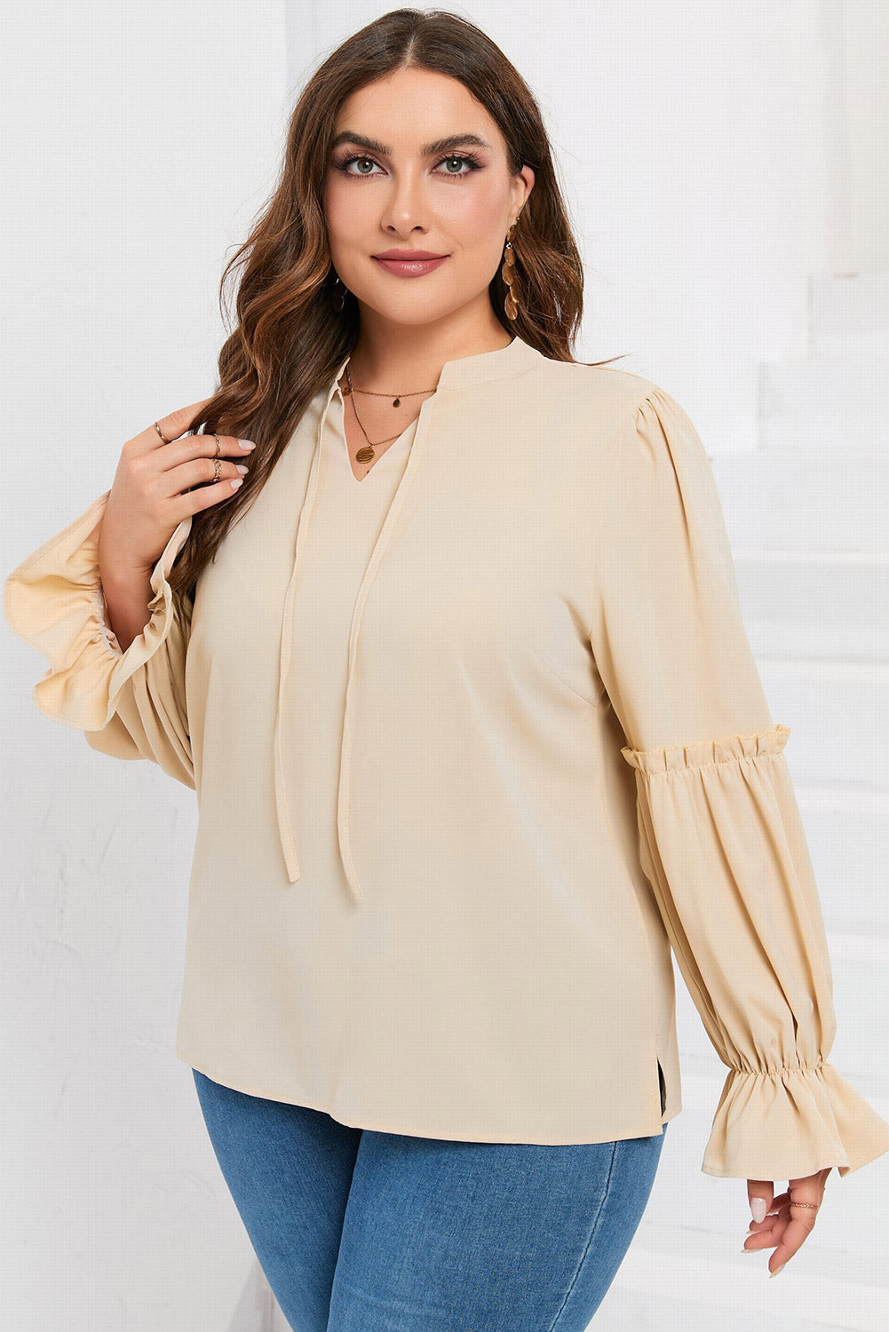 Plus Size Ruffled Tie Neck Flounce Sleeve Blouse - UrbanEthereal