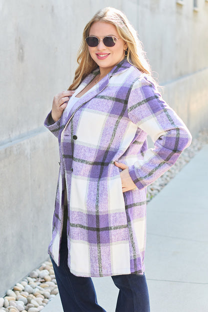 Double Take Full Size Plaid Button Up Lapel Collar Coat - UrbanEthereal