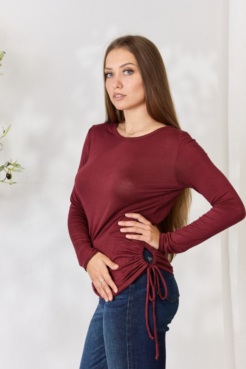 Culture Code Full Size Drawstring Round Neck Long Sleeve Top - UrbanEthereal