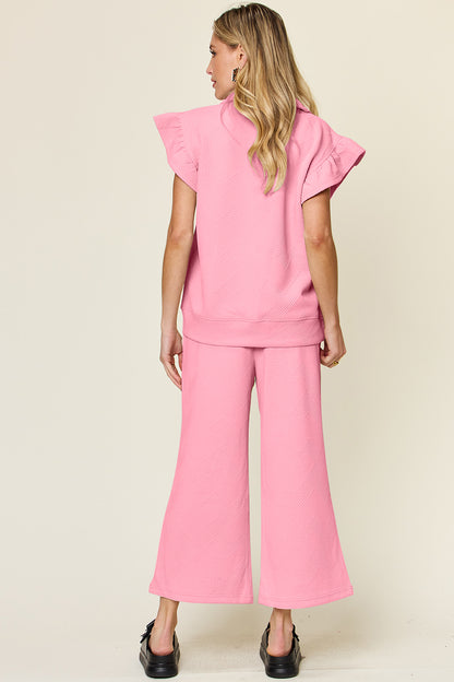 Double Take Texture Ruffle Short Sleeve Top and Drawstring Wide Leg Pants Set - UrbanEthereal